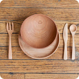 Child's Cherry Wood Place Setting: Plate, Fork, Knife, Spoon & Thin Rim Bowl