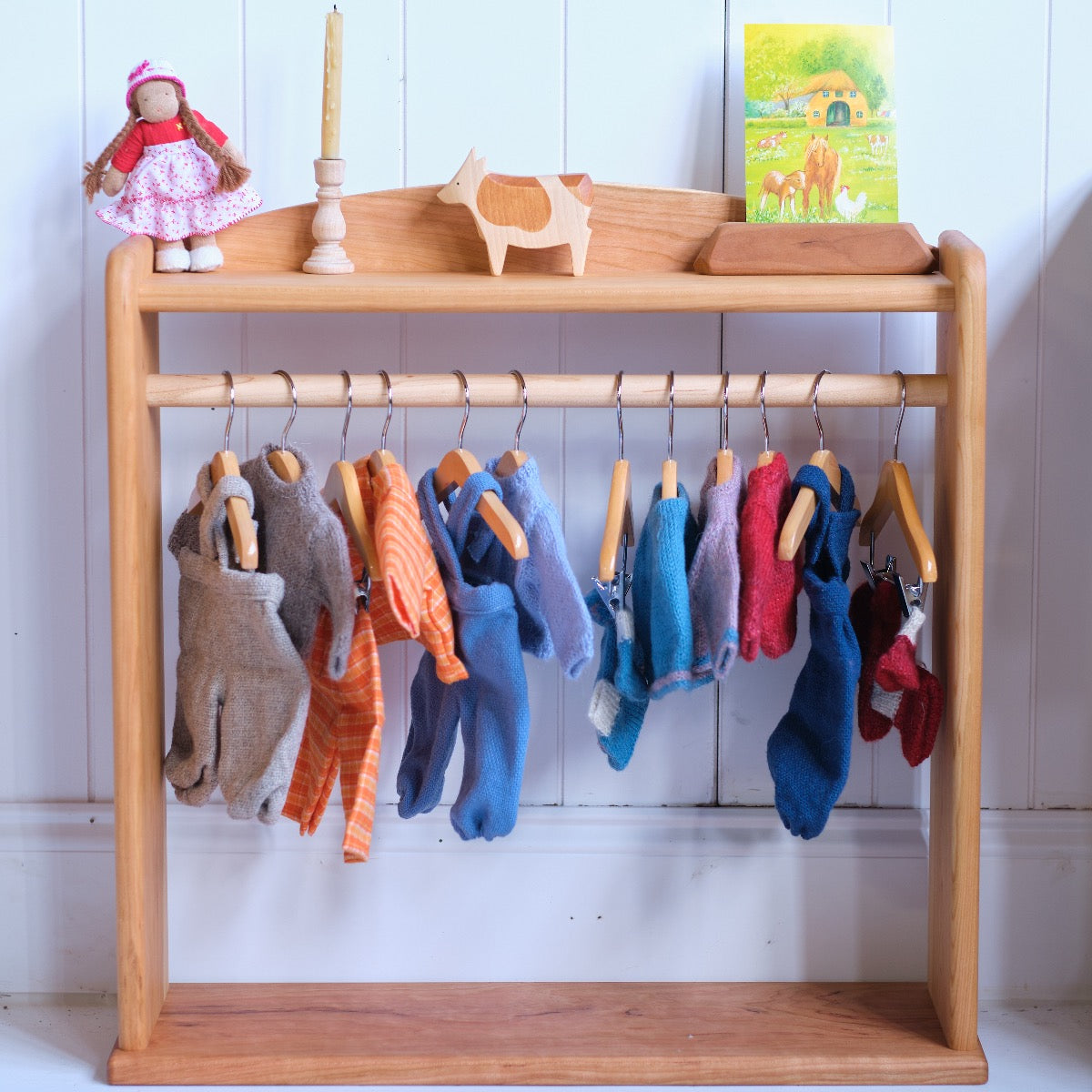 Cherry Wood Doll Clothes Stand / Clothes Caddy & Hangers Bundle