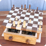 12" x 12" Walnut & Maple Checker Board Set with Drawer, Checker & Chess Pieces Included