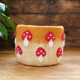 Brown Wool Felt Basket with Red and White Mushrooms