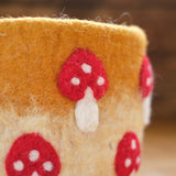 Brown Wool Felt Basket with Red and White Mushrooms