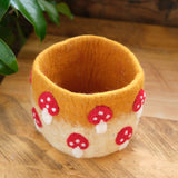 Brown Wool Felt Basket with Red and White Mushrooms