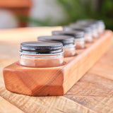 Sculpted Cherry Wood 6 Jar Paint Holder with Glass Jars & Metal Lids