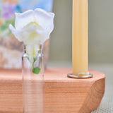 Cherry Wood Dual Candle and Postcard Holder Set - 2 Brass Candle Cups, 2 Candles and 2 Glass Vials
