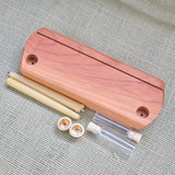 Cherry Wood Dual Candle and Postcard Holder Set - 2 Brass Candle Cups, 2 Candles and 2 Glass Vials