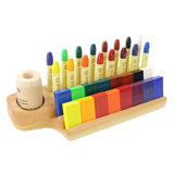 Cherry Wood Crayon Holder - 16 block and 16 stick with Crayon Sharpener Holder with Art/Postcard Slot