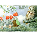 Elsa Beskow Postcard, Mushroom Family Visits Owl - 4-1/8" x 5-13/16"
