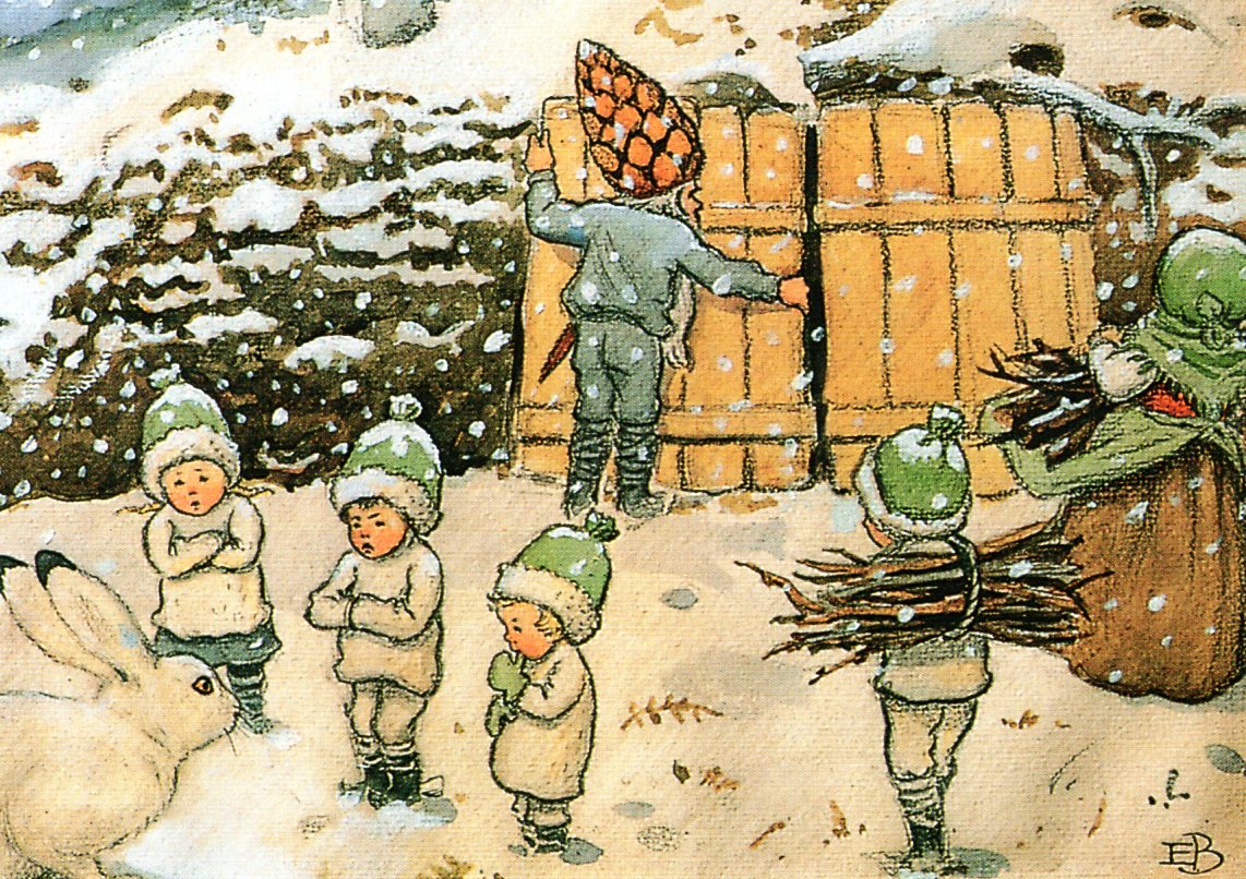 Elsa Beskow Winter Mushroom Children and Rabbit Postcard
