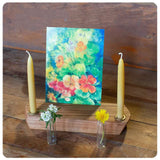 Cherry Wood Dual Candle and Postcard Holder Set - 2 Brass Candle Cups, 2 Candles and 2 Glass Vials