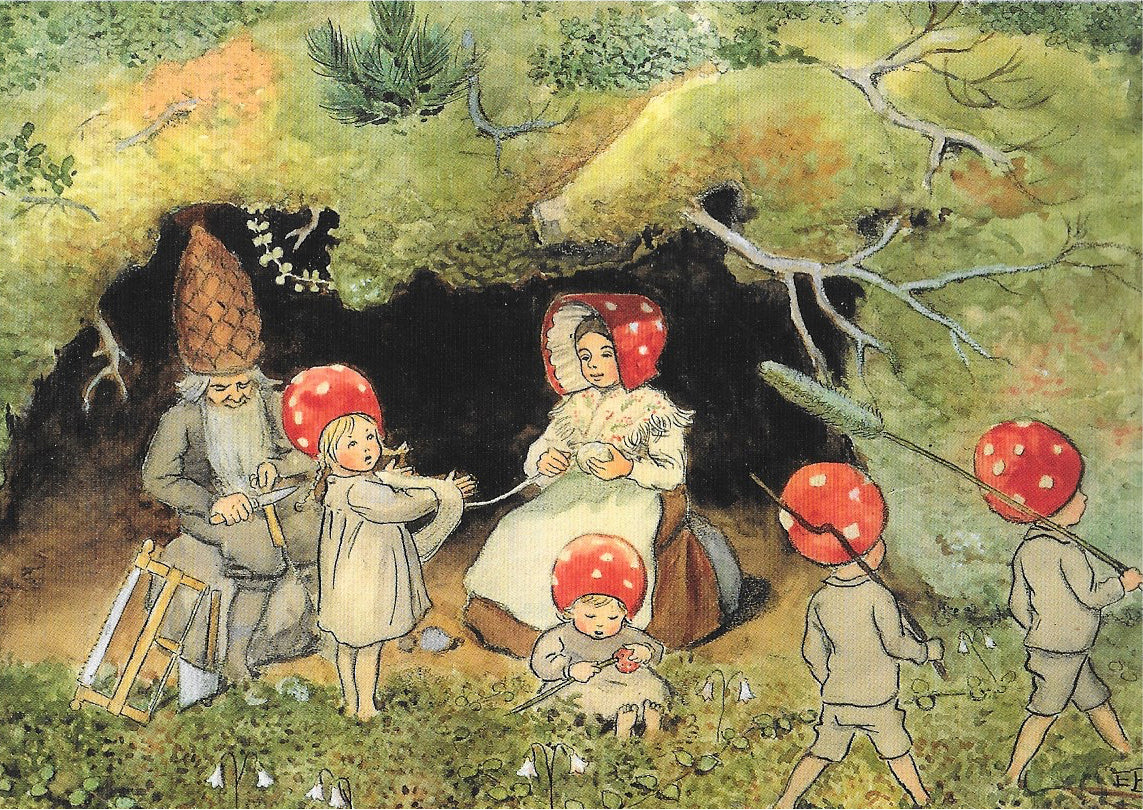 Elsa Beskow Postcard, Mushroom Family Chores
