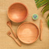Child's Cherry Wood Place Setting: Plate, Fork, Knife, Spoon & Thin Rim Bowl