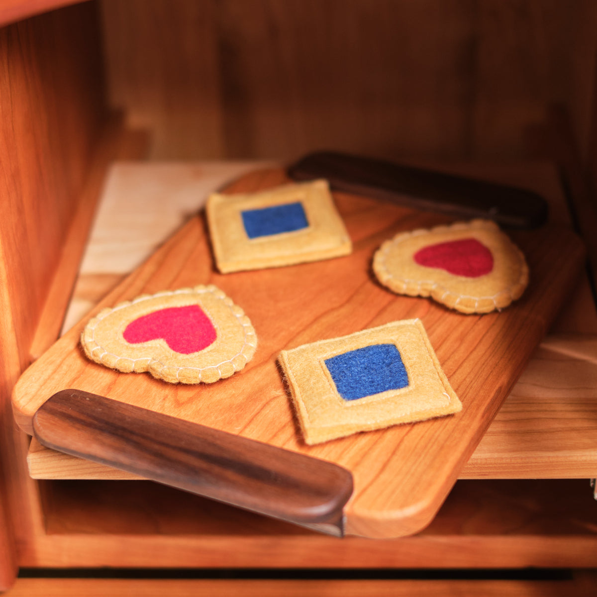 Cherry and Walnut Cookie Sheet with a Set of 4 Handmade Felt Tart Cookies