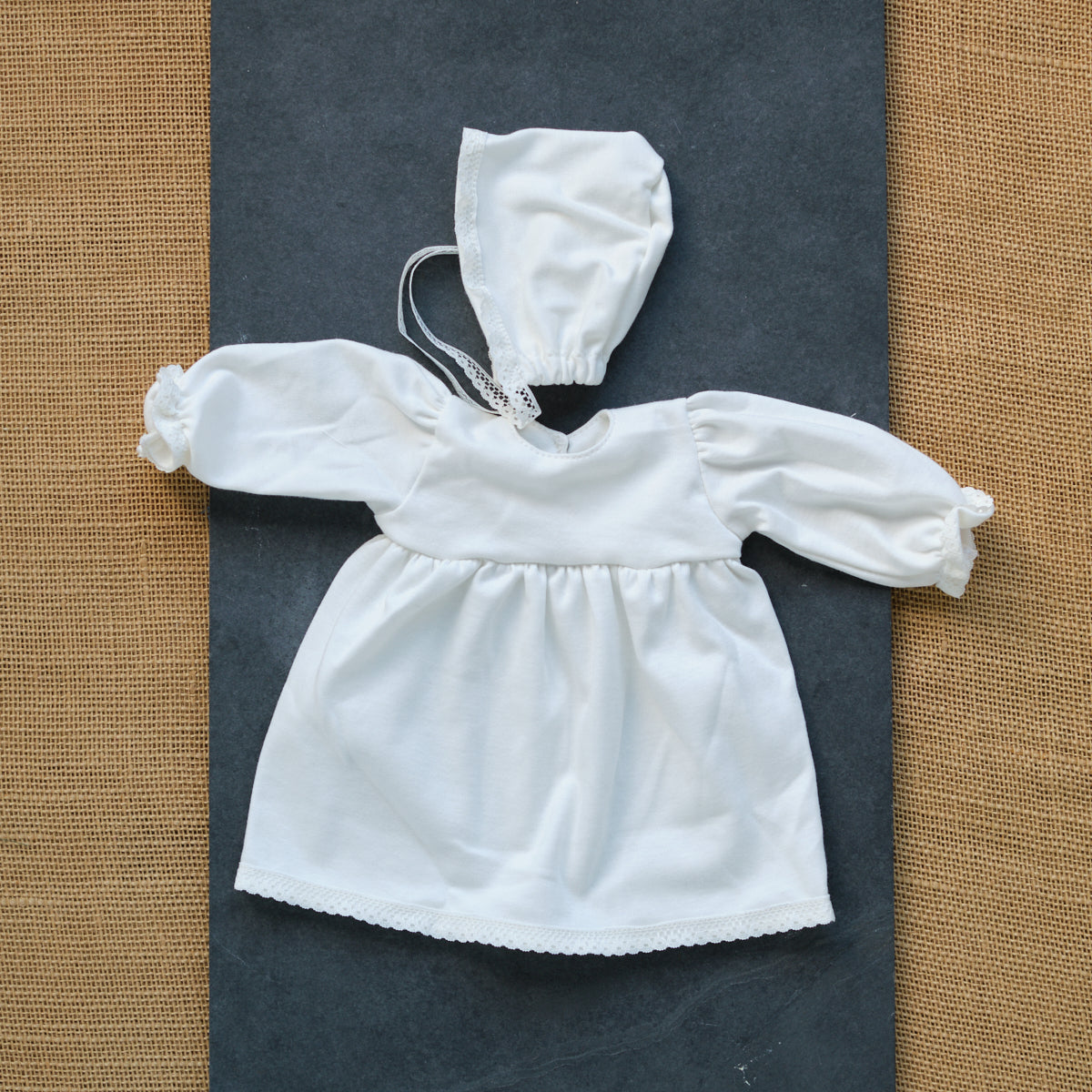 Cotton Gown and Bonnet for 15" Waldorf Baby Doll - Two Piece Outfit