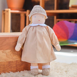 14" Waldorf Doll Dress Set - Brown and White Dress with a Knitted Pair of Booties and Matching Knitted Hat