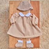 14" Waldorf Doll Dress Set - Brown and White Dress with a Knitted Pair of Booties and Matching Knitted Hat