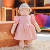 14" Waldorf Doll Dress Set - Pink/Peach Cotton Dress with a Knitted Pair of Booties and Knitted Hat