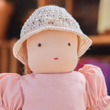 14" Waldorf Doll Dress Set - Pink/Peach Cotton Dress with a Knitted Pair of Booties and Knitted Hat