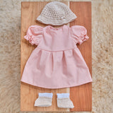 14" Waldorf Doll Dress Set - Pink/Peach Cotton Dress with a Knitted Pair of Booties and Knitted Hat