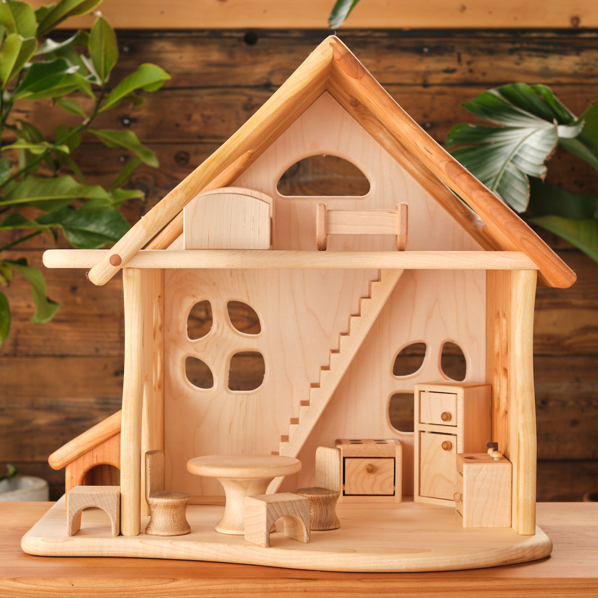 Fairy Country Cottage/Dollhouse, Cherry Wood with Maple Accents - With or Without 10-Piece Furniture Set