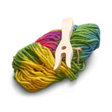 Wooden Knitting Fork with Blue-Green-Yellow Wool Yarn