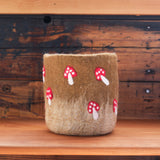 7" Wool Felt Basket with Mushrooms - Pete Moss Brown with Red/White Mushrooms