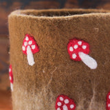 7" Wool Felt Basket with Mushrooms - Pete Moss Brown with Red/White Mushrooms