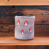 7" Wool Felt Basket with Mushrooms - Brownish Gray with Red/White Mushrooms