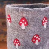 7" Wool Felt Basket with Mushrooms - Brownish Gray with Red/White Mushrooms