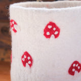 7" Wool Felt Basket with Mushrooms - Snow White with Red/White Mushrooms