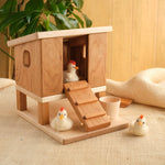 Wooden hen house play set with side door, ramp steps, and chicken figures