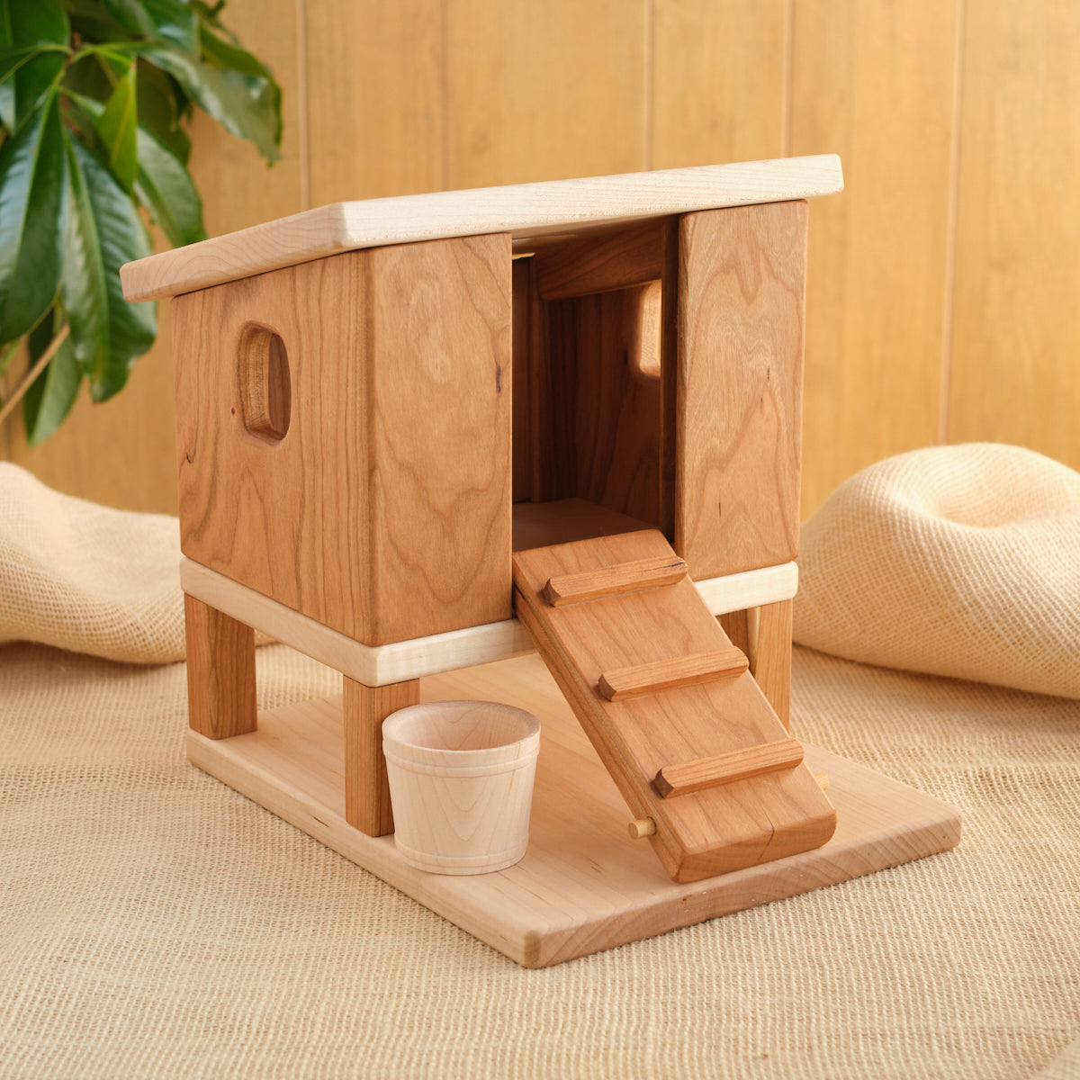 Wooden hen house with bucket, ramp steps, and open front doorway