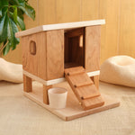 Wooden hen house with bucket, ramp steps, and open front doorway