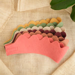 Set of 6 felt crowns in coral, tan, green, and burgundy, scalloped edges