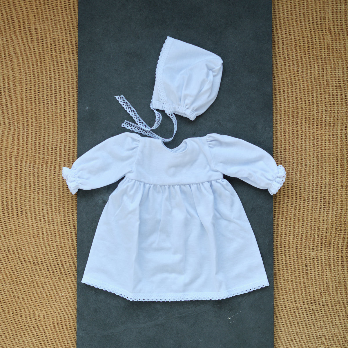 Cotton Gown and Bonnet for 15" Waldorf Baby Doll - Two Piece Outfit