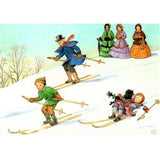 Elsa Beskow Postcard, Peter and Lotta Skiing - 4-1/8" x 5-13/16"