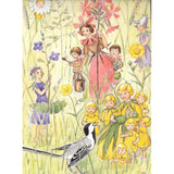 Elsa Beskow Postcard, Spring Flower People with Bird - 4-1/8" x 5-13/16" - Yellow Background