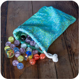 70 Marbles & 4 Shooters with Cotton Storage Bag - Blue Circles Print